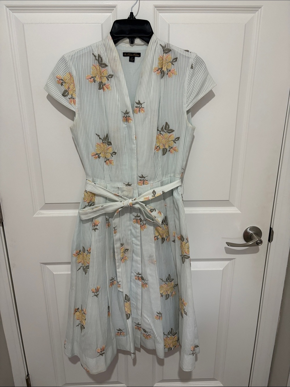 Brooks Brothers Mint-Striped Midi Dress with Yellow Floral Print